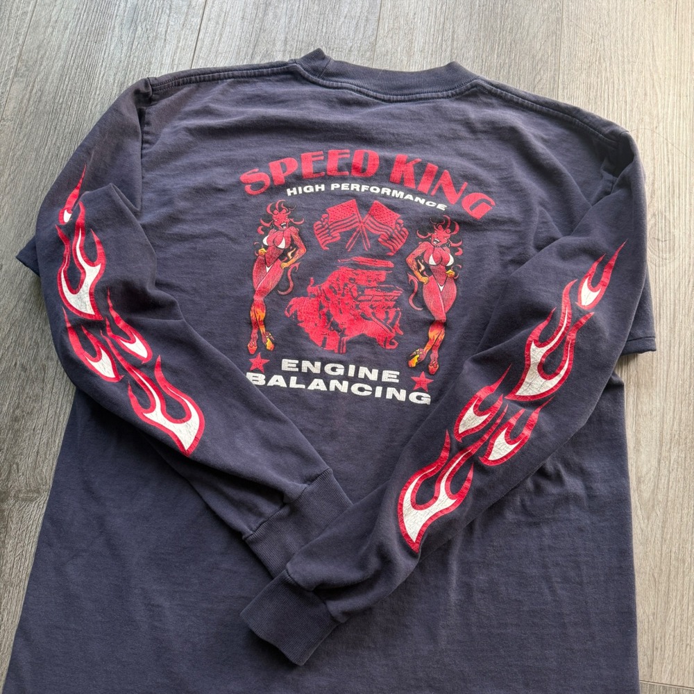 90s Crazy Speed King High Performance Mens S Navy Long Sleeve Flame Tee